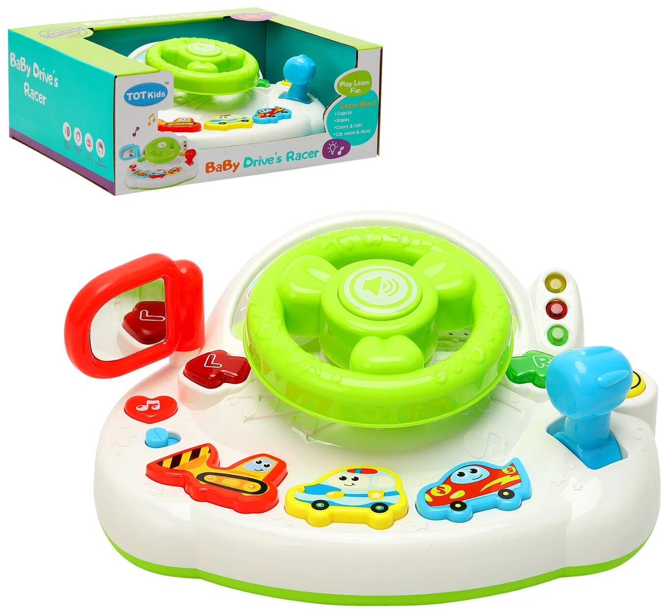 Детская развивающая игрушка руль «Водитель- гонщик», обучающая, формы, цвета, свет, звук, зеленый, JB0333785